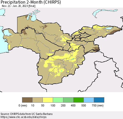 Central Asia Precipitation 2-Month (CHIRPS) Thematic Map For 11/21/2022 - 1/20/2023