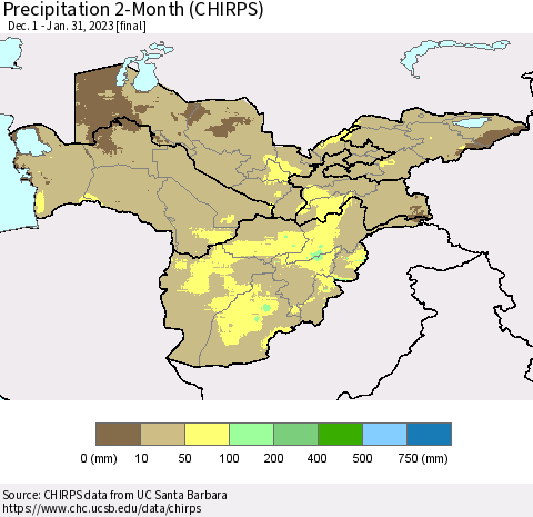 Central Asia Precipitation 2-Month (CHIRPS) Thematic Map For 12/1/2022 - 1/31/2023