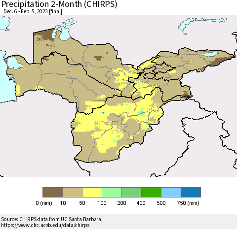 Central Asia Precipitation 2-Month (CHIRPS) Thematic Map For 12/6/2022 - 2/5/2023