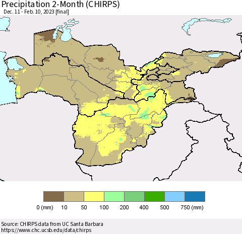 Central Asia Precipitation 2-Month (CHIRPS) Thematic Map For 12/11/2022 - 2/10/2023