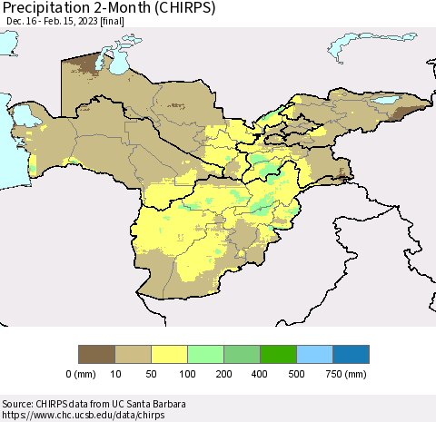 Central Asia Precipitation 2-Month (CHIRPS) Thematic Map For 12/16/2022 - 2/15/2023
