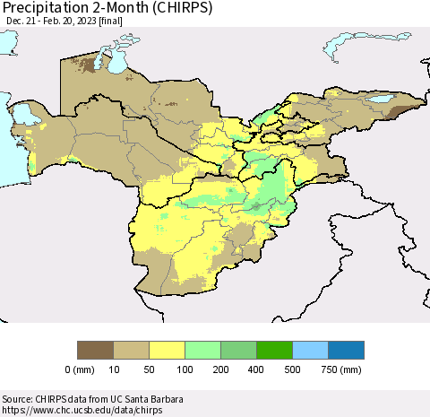 Central Asia Precipitation 2-Month (CHIRPS) Thematic Map For 12/21/2022 - 2/20/2023