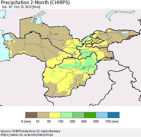 Central Asia Precipitation 2-Month (CHIRPS) Thematic Map For 12/26/2022 - 2/25/2023