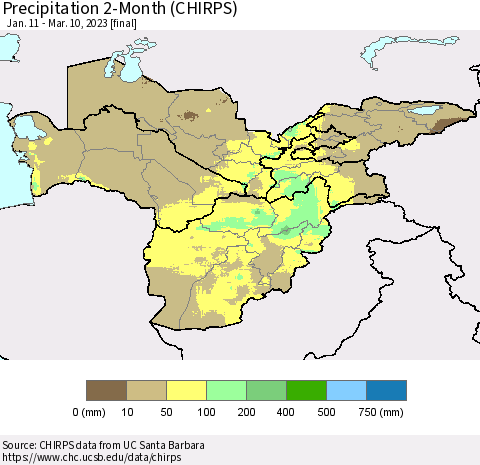 Central Asia Precipitation 2-Month (CHIRPS) Thematic Map For 1/11/2023 - 3/10/2023
