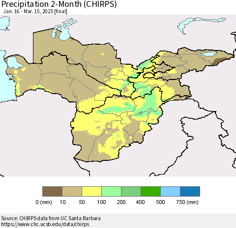 Central Asia Precipitation 2-Month (CHIRPS) Thematic Map For 1/16/2023 - 3/15/2023