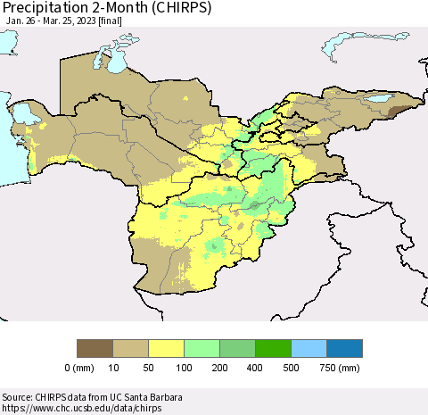 Central Asia Precipitation 2-Month (CHIRPS) Thematic Map For 1/26/2023 - 3/25/2023