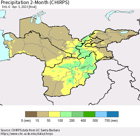 Central Asia Precipitation 2-Month (CHIRPS) Thematic Map For 2/6/2023 - 4/5/2023