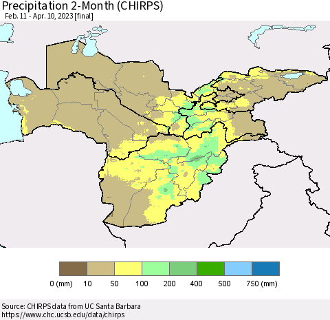 Central Asia Precipitation 2-Month (CHIRPS) Thematic Map For 2/11/2023 - 4/10/2023