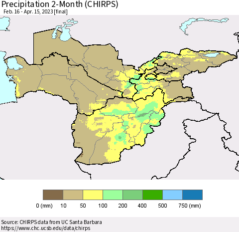 Central Asia Precipitation 2-Month (CHIRPS) Thematic Map For 2/16/2023 - 4/15/2023