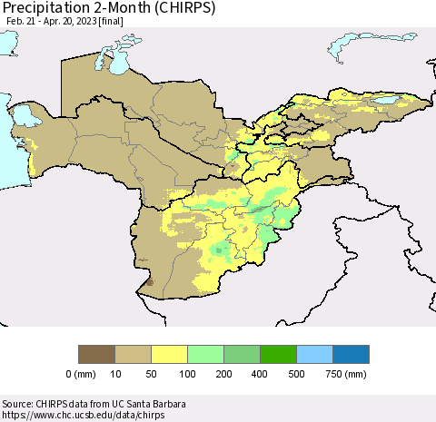 Central Asia Precipitation 2-Month (CHIRPS) Thematic Map For 2/21/2023 - 4/20/2023