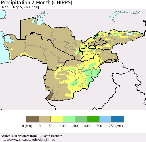 Central Asia Precipitation 2-Month (CHIRPS) Thematic Map For 3/6/2023 - 5/5/2023