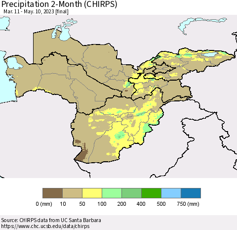 Central Asia Precipitation 2-Month (CHIRPS) Thematic Map For 3/11/2023 - 5/10/2023