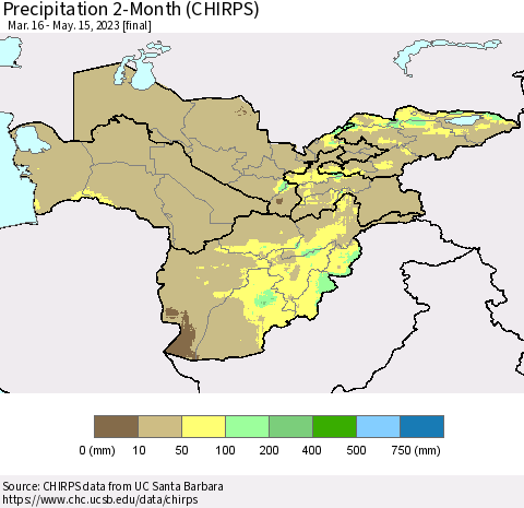 Central Asia Precipitation 2-Month (CHIRPS) Thematic Map For 3/16/2023 - 5/15/2023
