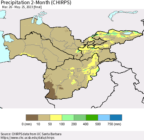 Central Asia Precipitation 2-Month (CHIRPS) Thematic Map For 3/26/2023 - 5/25/2023
