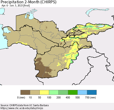 Central Asia Precipitation 2-Month (CHIRPS) Thematic Map For 4/6/2023 - 6/5/2023