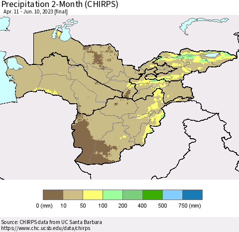 Central Asia Precipitation 2-Month (CHIRPS) Thematic Map For 4/11/2023 - 6/10/2023