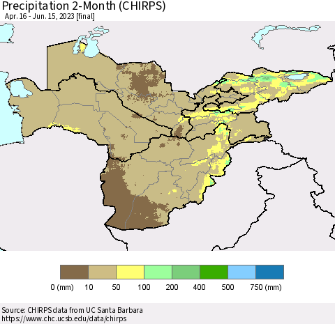 Central Asia Precipitation 2-Month (CHIRPS) Thematic Map For 4/16/2023 - 6/15/2023