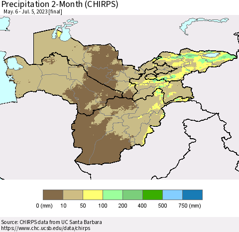 Central Asia Precipitation 2-Month (CHIRPS) Thematic Map For 5/6/2023 - 7/5/2023