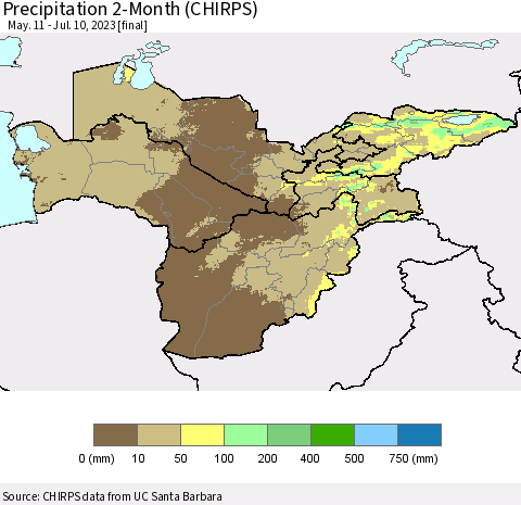 Central Asia Precipitation 2-Month (CHIRPS) Thematic Map For 5/11/2023 - 7/10/2023