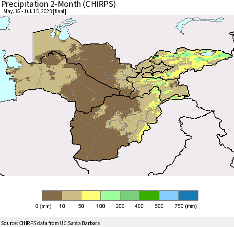 Central Asia Precipitation 2-Month (CHIRPS) Thematic Map For 5/16/2023 - 7/15/2023