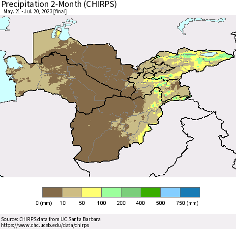 Central Asia Precipitation 2-Month (CHIRPS) Thematic Map For 5/21/2023 - 7/20/2023