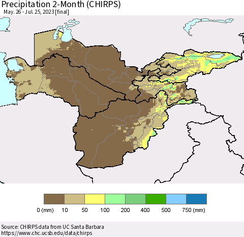Central Asia Precipitation 2-Month (CHIRPS) Thematic Map For 5/26/2023 - 7/25/2023