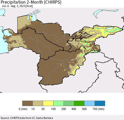 Central Asia Precipitation 2-Month (CHIRPS) Thematic Map For 6/6/2023 - 8/5/2023