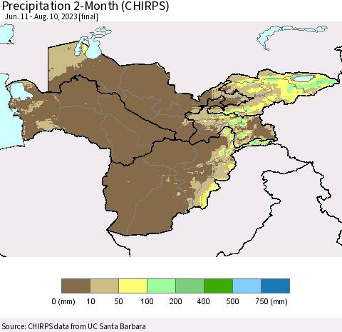Central Asia Precipitation 2-Month (CHIRPS) Thematic Map For 6/11/2023 - 8/10/2023