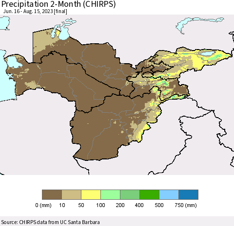 Central Asia Precipitation 2-Month (CHIRPS) Thematic Map For 6/16/2023 - 8/15/2023