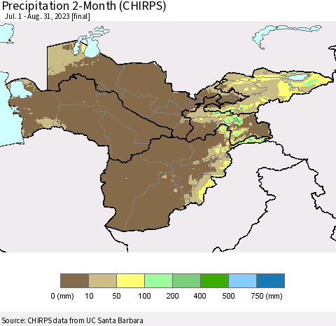 Central Asia Precipitation 2-Month (CHIRPS) Thematic Map For 7/1/2023 - 8/31/2023