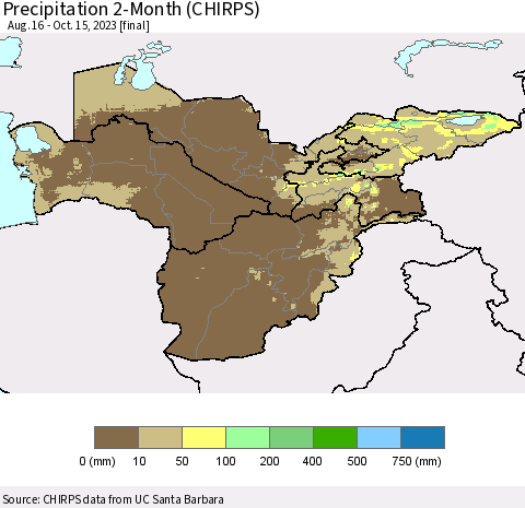 Central Asia Precipitation 2-Month (CHIRPS) Thematic Map For 8/16/2023 - 10/15/2023