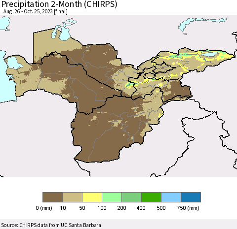 Central Asia Precipitation 2-Month (CHIRPS) Thematic Map For 8/26/2023 - 10/25/2023