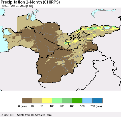 Central Asia Precipitation 2-Month (CHIRPS) Thematic Map For 9/1/2023 - 10/31/2023