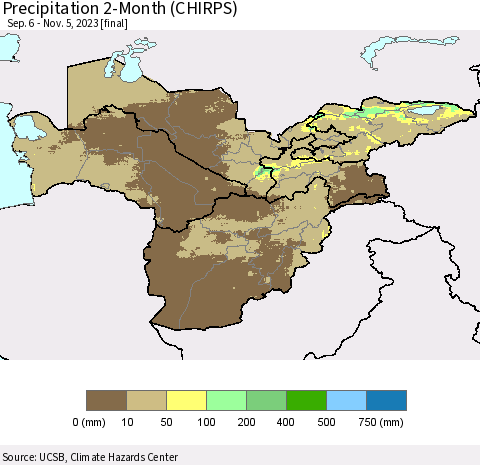 Central Asia Precipitation 2-Month (CHIRPS) Thematic Map For 9/6/2023 - 11/5/2023