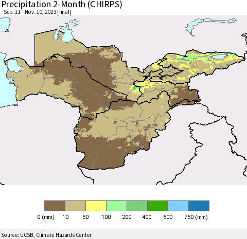 Central Asia Precipitation 2-Month (CHIRPS) Thematic Map For 9/11/2023 - 11/10/2023