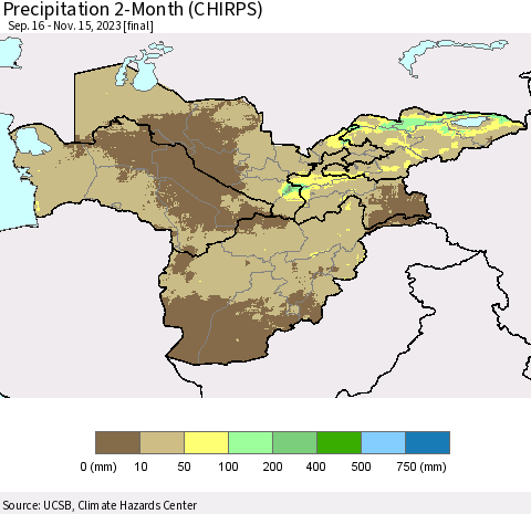 Central Asia Precipitation 2-Month (CHIRPS) Thematic Map For 9/16/2023 - 11/15/2023