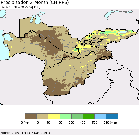 Central Asia Precipitation 2-Month (CHIRPS) Thematic Map For 9/21/2023 - 11/20/2023
