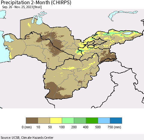 Central Asia Precipitation 2-Month (CHIRPS) Thematic Map For 9/26/2023 - 11/25/2023