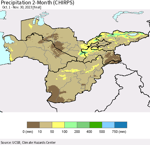 Central Asia Precipitation 2-Month (CHIRPS) Thematic Map For 10/1/2023 - 11/30/2023