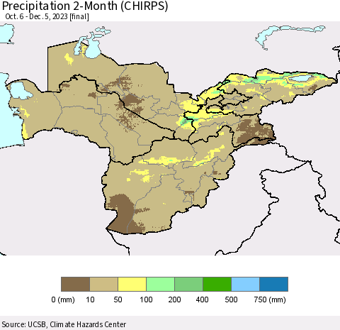 Central Asia Precipitation 2-Month (CHIRPS) Thematic Map For 10/6/2023 - 12/5/2023