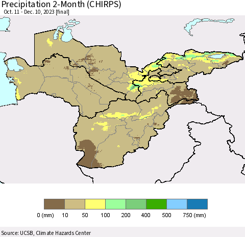 Central Asia Precipitation 2-Month (CHIRPS) Thematic Map For 10/11/2023 - 12/10/2023
