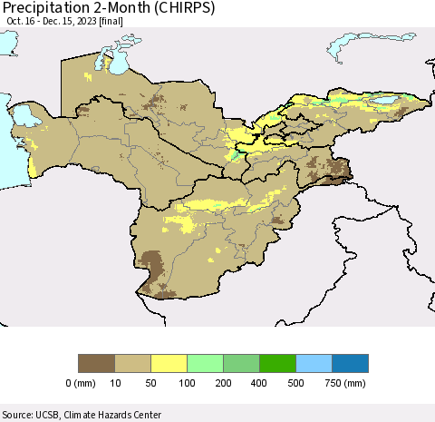 Central Asia Precipitation 2-Month (CHIRPS) Thematic Map For 10/16/2023 - 12/15/2023