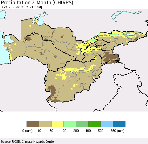 Central Asia Precipitation 2-Month (CHIRPS) Thematic Map For 10/21/2023 - 12/20/2023
