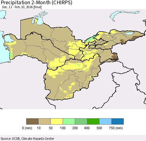 Central Asia Precipitation 2-Month (CHIRPS) Thematic Map For 12/11/2023 - 2/10/2024