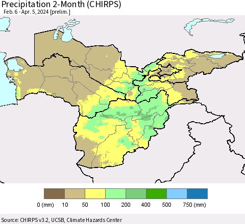 Central Asia Precipitation 2-Month (CHIRPS) Thematic Map For 2/6/2024 - 4/5/2024