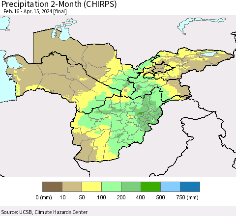 Central Asia Precipitation 2-Month (CHIRPS) Thematic Map For 2/16/2024 - 4/15/2024