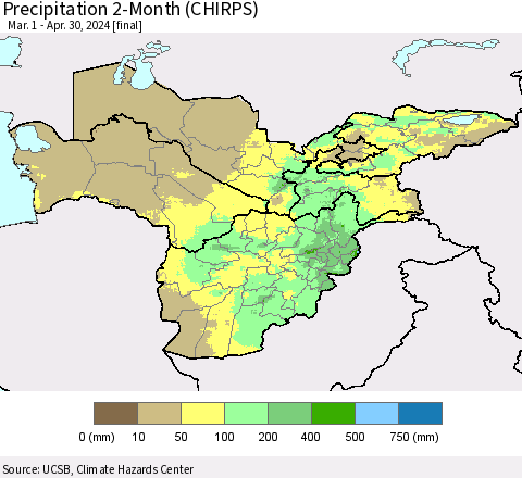 Central Asia Precipitation 2-Month (CHIRPS) Thematic Map For 3/1/2024 - 4/30/2024