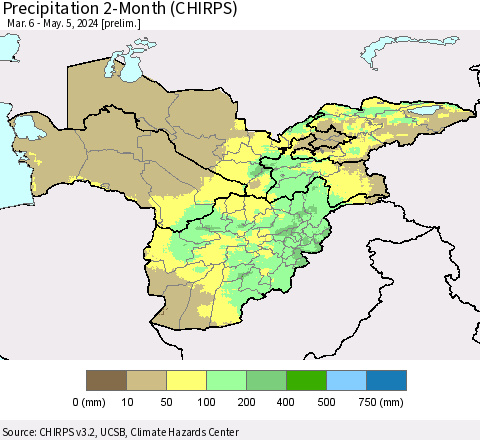 Central Asia Precipitation 2-Month (CHIRPS) Thematic Map For 3/6/2024 - 5/5/2024