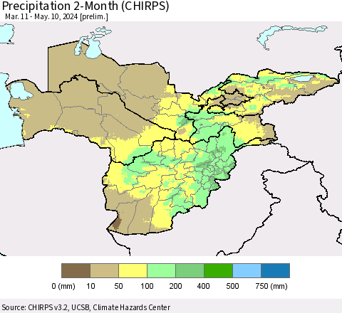 Central Asia Precipitation 2-Month (CHIRPS) Thematic Map For 3/11/2024 - 5/10/2024