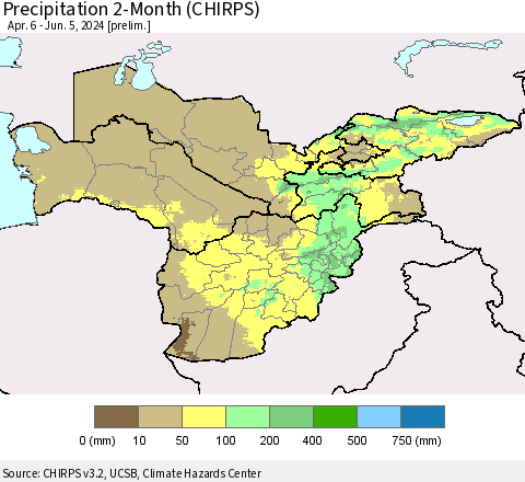 Central Asia Precipitation 2-Month (CHIRPS) Thematic Map For 4/6/2024 - 6/5/2024